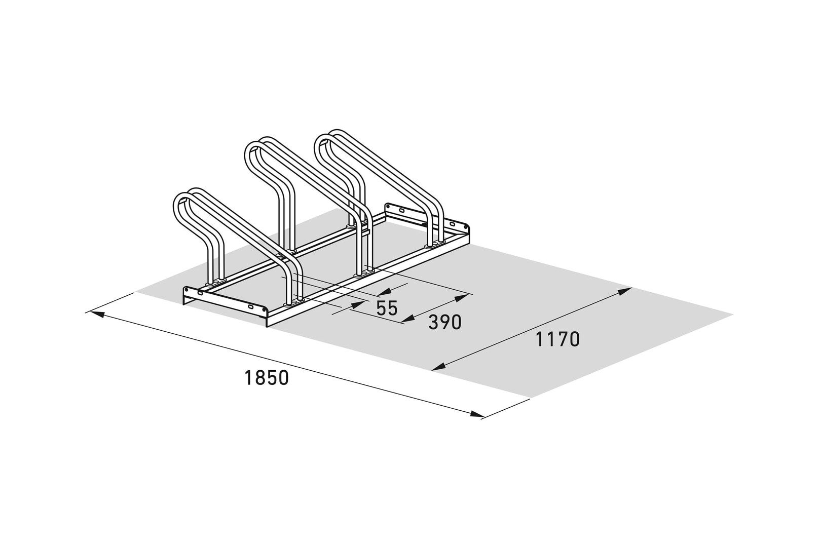 Fahrrad-U-Frame Parker, Rundrohr, Silber, 3 Stellplätze, für extra breite Fahrräder, höhenversetzt, Reihenverbindung, 415 x 1.170 x 538 mm (HxBxT)