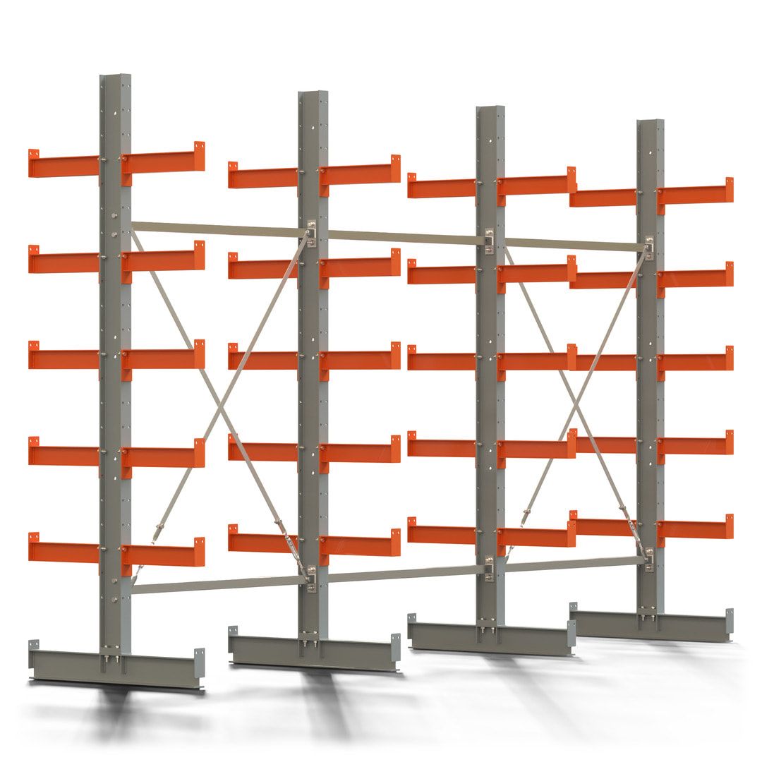 Doppelseitiges Kragarmregal, 2 Felder, 2.500 x 2.560 x 1.120 mm (HxBxT), Nutztiefe 500 mm, Kragarmlast 870 kg, KARL basic, silbergrau/reinorange