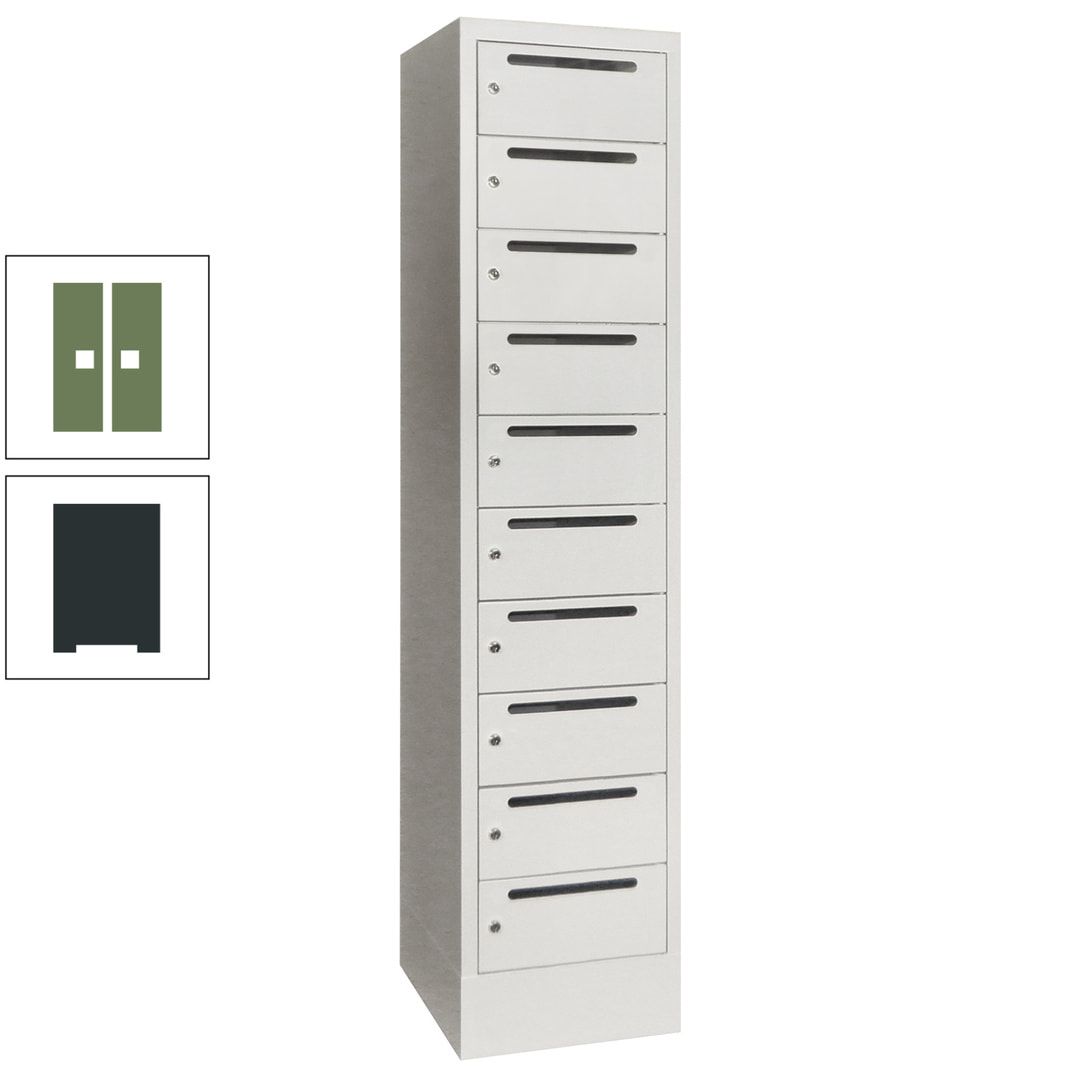 Postverteilerschrank, Schließfachschrank, 1 Abteil a 400 mm, 10 Fächer, 1.850 x 400 x 500 mm (HxBxT), Korpus anthrazitgrau, Front anthrazitgrau