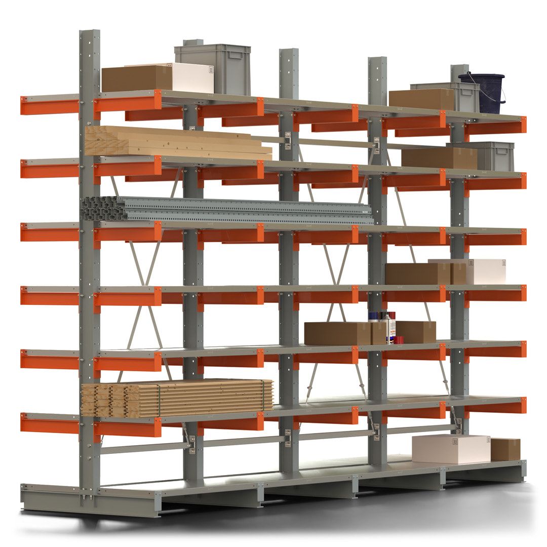 Doppelseitiges Kragarmregal mit Fachböden, 2 Felder, 3.000 x 2.000 (HxB), Nutztiefe 1.000 mm, Kragarmlast 450 kg, KARL basic, silbergrau/reinorange