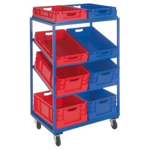 Kommissionierwagen für Eurolagerkästen, Traglast 230 kg, Ladefläche 625 x 805 mm, 4 Etagen, inkl. 2 schräge Fachböden, Farbe enzianblau