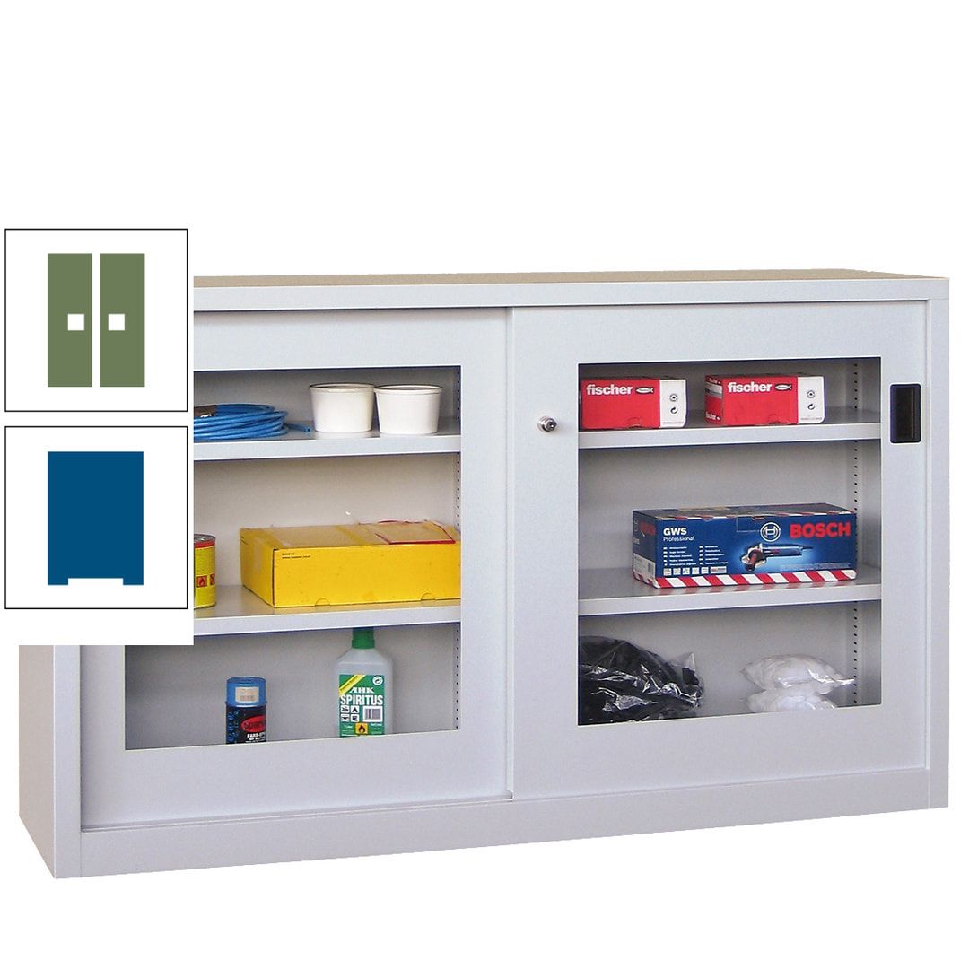 Schiebetürenschrank - Sichtfenstertüren - 1.000x1.500x600 mm (HxBxT) - 4 Böden, verzinkt - Zylinderschloss - anthrazitgrau