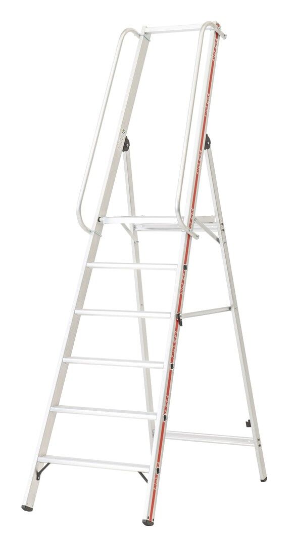 Plattformleiter mit langem Handlauf, Aluminium, Stehleiter, ohne Rollen, Rutschhemmung R11, Leiterlänge 2.100 mm, 4 Stufen, Traglast 150 kg, Hymer