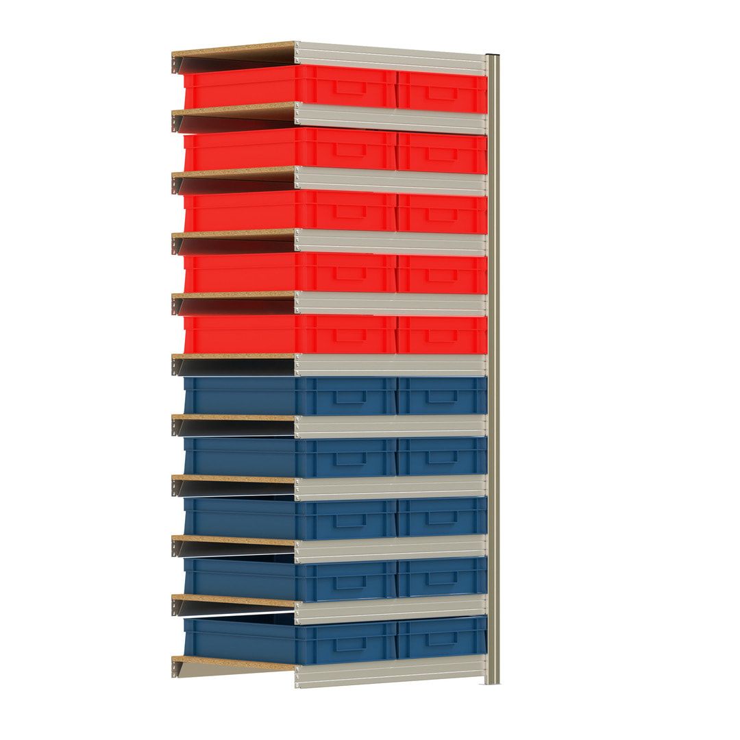 Steckregal BERT - Anbauregal mit 20 Eurokästen - 11 Böden - 350 kg - 2.075 x 875 x 600 mm - beidseitig bedienbar - erweiterbar - verzinkt