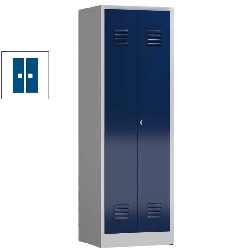 Geräteschrank, Mehrzweckschrank, 2 Abteile, 1.800 x 590 x 500 mm (HxBxT), Drehriegel, Kleiderstange, Stahl, Korpus: lichtgrau, Front: enzianblau