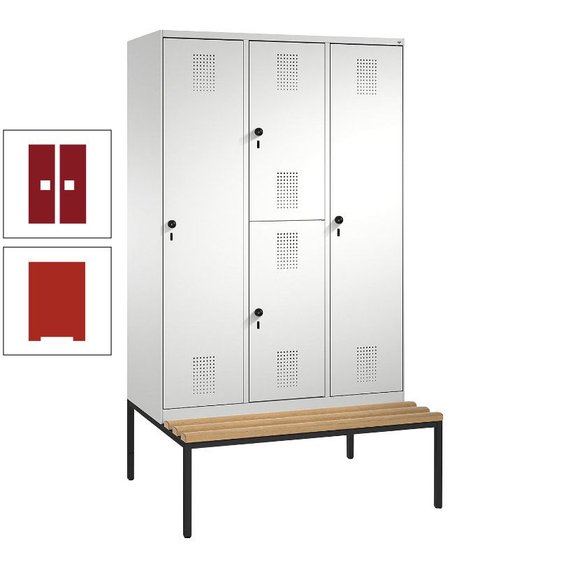 Garderobenschrank, Spind ein- und doppelstöckig Sitzbank, 3 Abteile, 4 Fächer, 2.090x1.200x500 mm (HxBxT), Front anthrazitgrau, Korpus anthrazitgrau