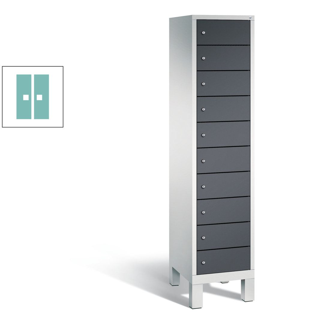 Laptopschrank, Tabletschrank, Computerschrank auf Füßen, 10 Fächer, 1.850 x 420 x 500 mm (HxBxT), Korpus gelborange, Tür anthrazitgrau