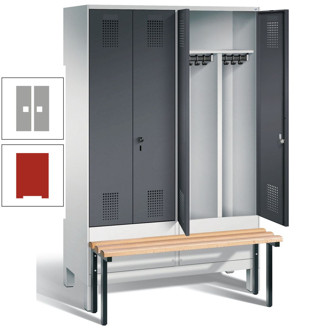Doppel-Spind, Garderobenschrank, Buche Sitzbank vorgebaut, 4 Abteile a 300 mm, Korpus feuerrot, Tür Wasserblau, 1.850 x 1.200 x 815 mm (HxBxT)