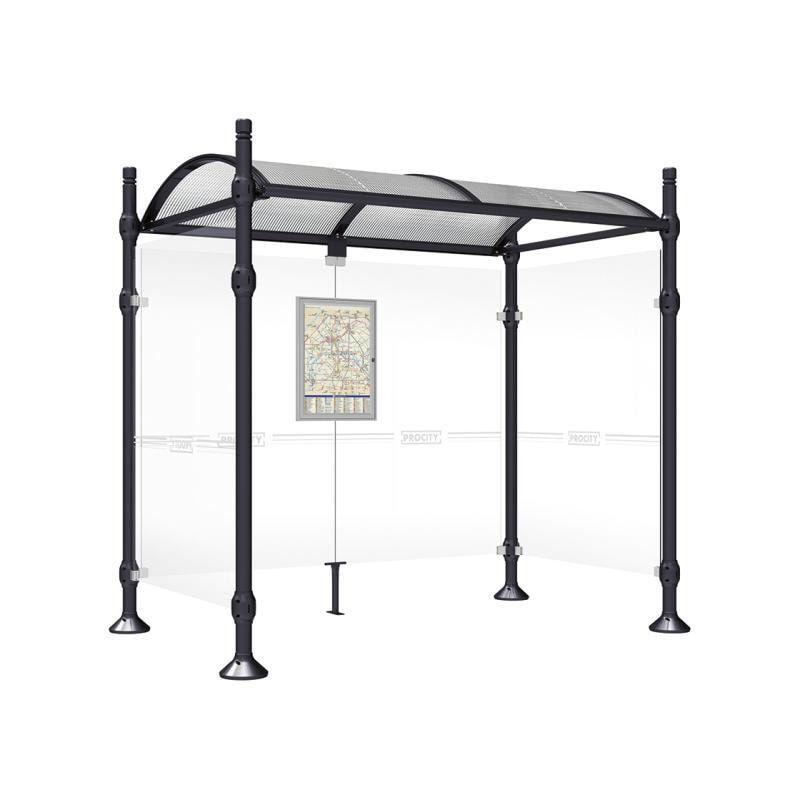 Buswartehalle, Unterstand, 2 Seitenwände, Kopf gebürsteter Edelstahl, ESG, Fahrplanschaukasten, 2.500 x 2.500 x 1.600 mm (HxBxT), Farbe enzianblau