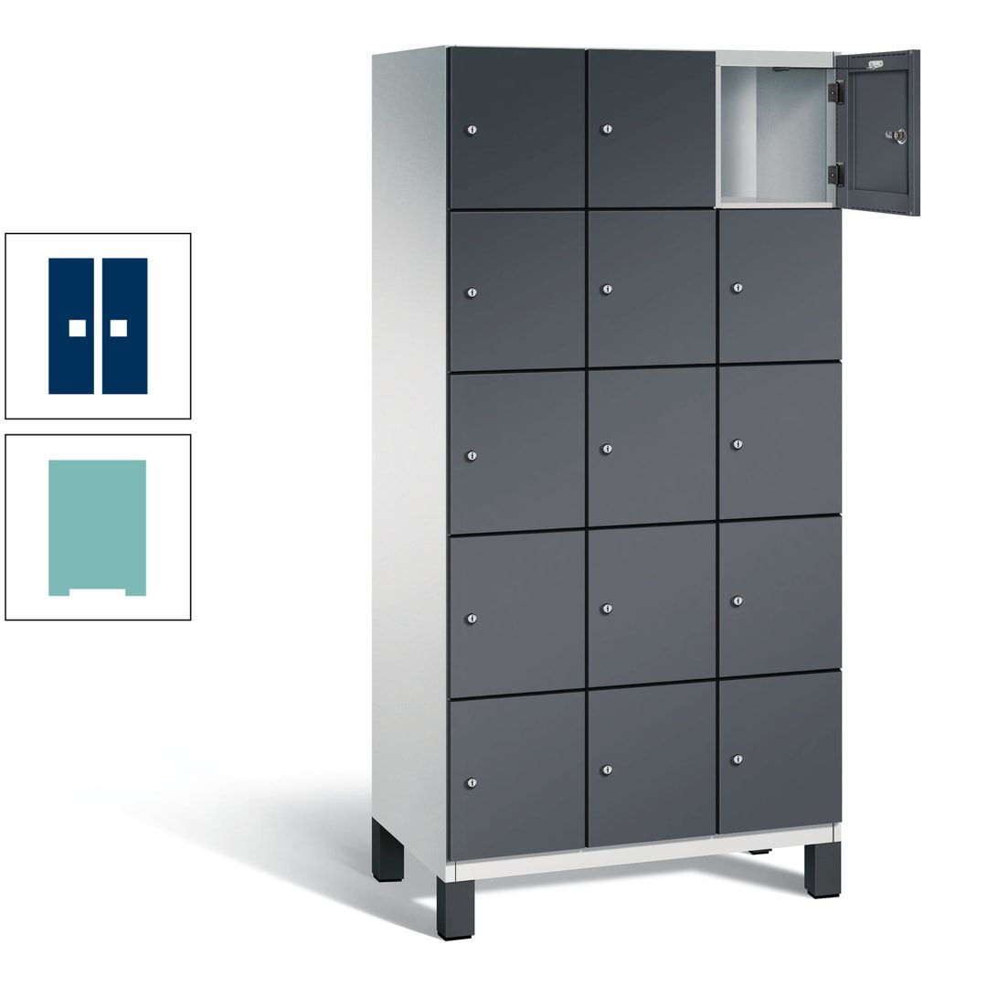 Fächerschrank, Stahlschrank, 15 Fächer, Türöffnungsbegrenzer, Füße, 1.980 x 900 x 525 mm (HxBxT), Korpus anthrazitgrau, Front anthrazitgrau