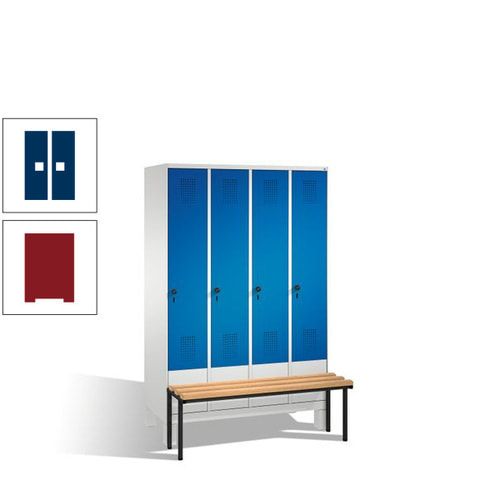 Stahl-Garderobenschrank, Spind, Buche Sitzbank vorgebaut, 4 Abteile a 300 mm, Korpus Lichtgrün, Tür Schwefelgelb, 1.850 x 1.200 x 815 mm (HxBxT)