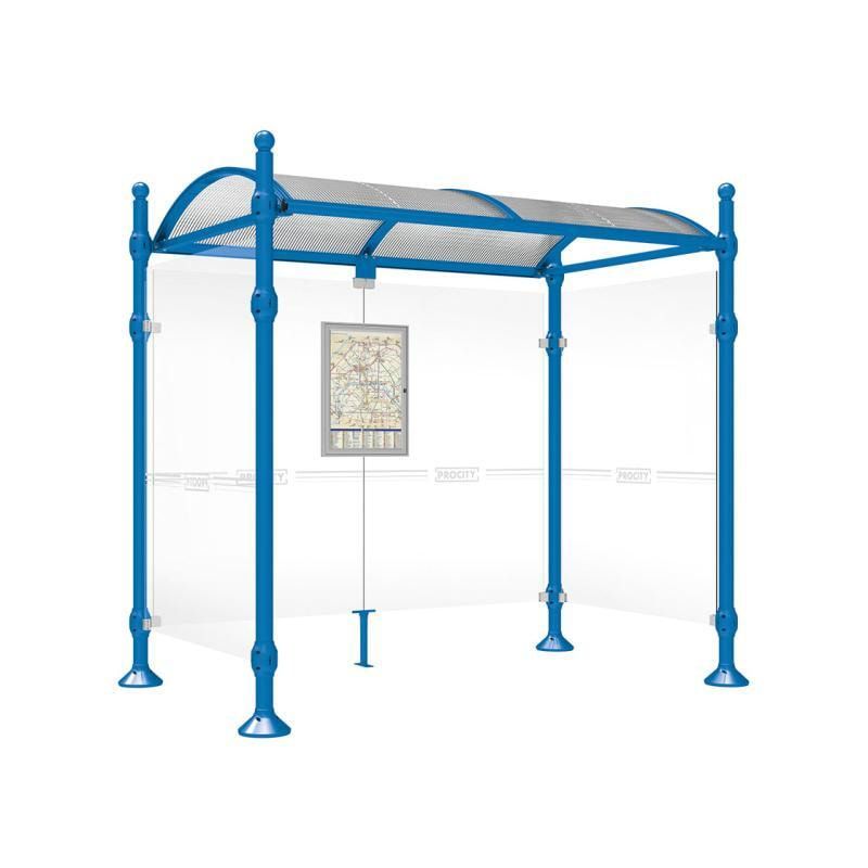 Buswartehalle, Unterstand, 2 Seitenwände, Kopf gebürsteter Edelstahl, ESG, Fahrplanschaukasten, 2.500 x 2.500 x 1.600 mm (HxBxT), Farbe enzianblau