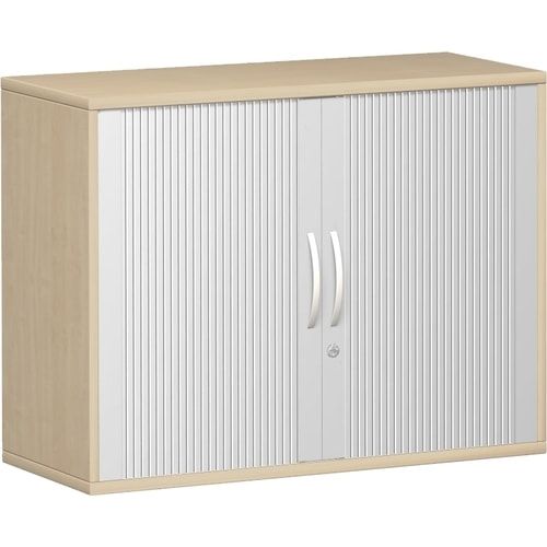 Querrollladenschrank, Dekoreinlageboden, Metallsockel/Standfüße, abschließbar, 768 x 1.000 x 425 mm (HxBxT), Korpusfarbe Ahorn, Frontfarbe silber
