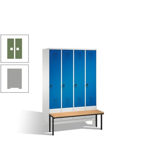 Stahl-Garderobenschrank, Spind, Buche Sitzbank vorgebaut, 4 Abteile a 300 mm, Korpus Lichtgrün, Tür Schwefelgelb, 1.850 x 1.200 x 815 mm (HxBxT)