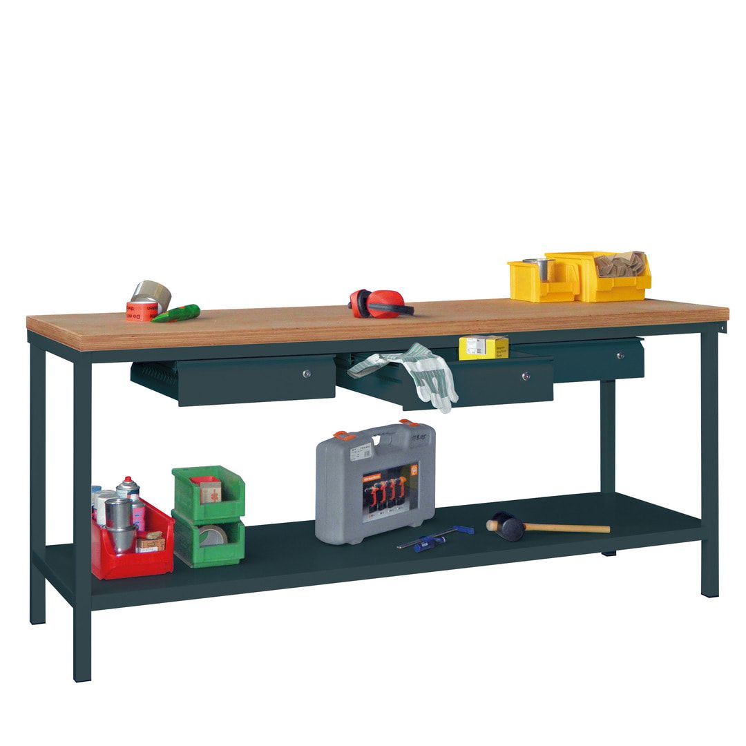 Werkbank mit Ablageboden - 3 Schubladen - 900 x 2.000 x 700 mm (HxBxT) - anthrazitgrau