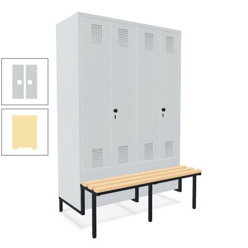 Doppel-Spind, Garderobenschrank, Buche Sitzbank integriert, 4 Abteile 300 mm, Korpus anthrazitgrau, Tür anthrazitgrau, 1.850 x 1.200 x 815 mm (HxBxT)