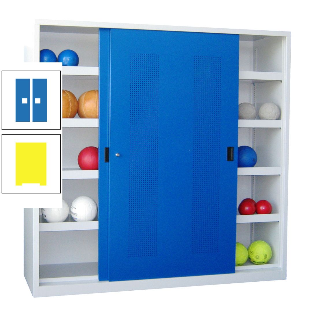 Ballschrank - Schiebetüren mit Lochfeld - Trennwand - 8 Böden - 1.950x2.000x600 mm (HxBxT) - anthrazitgrau