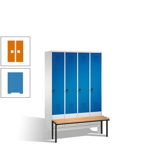Stahl-Garderobenschrank, Spind, Buche Sitzbank vorgebaut, 4 Abteile a 300 mm, Korpus Lichtgrün, Tür Schwefelgelb, 1.850 x 1.200 x 815 mm (HxBxT)