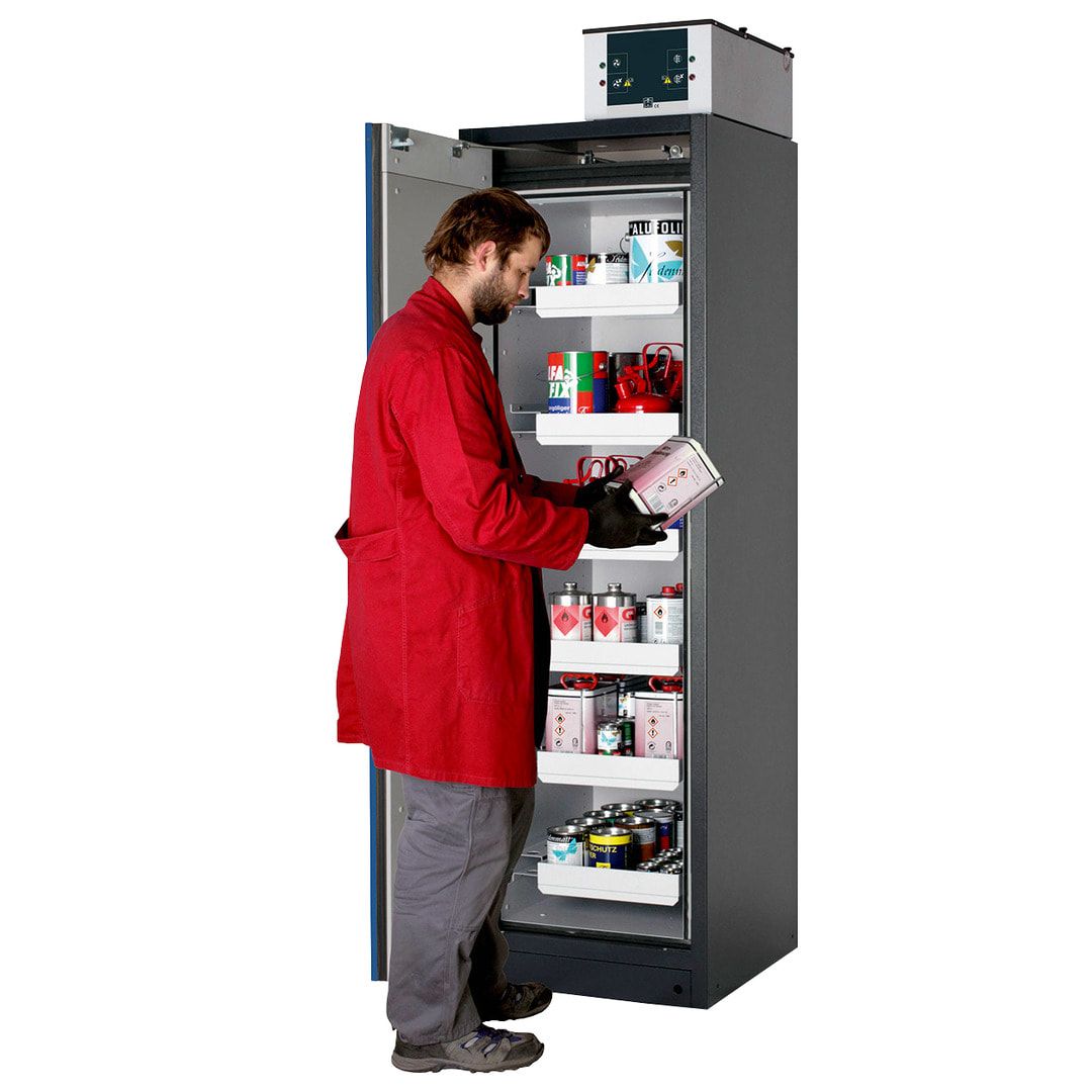 Gefahrstoffschrank - 1.953x599x615 mm - 2 Fachböden - Edelstahl-Einrichtung - Türanschlag Links - Front enzianblau