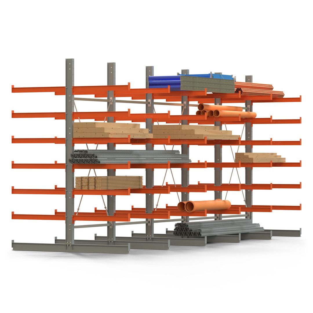 Doppelseitiges Kragarmregal, 2 Felder, 3.000 x 2.560 x 1.120 mm (HxBxT), Nutztiefe 500 mm, Kragarmlast 870 kg, KARL basic, silbergrau/reinorange