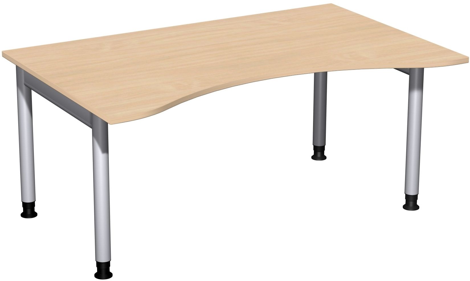 Ergo-Schreibtisch, Füße einseitig verkürzt, 4-Fuß Pro, höhenverstellbar, 680-800 x 1.600 x 1.000 mm (HxBxT), Gestell silber, Dekor Ahorn
