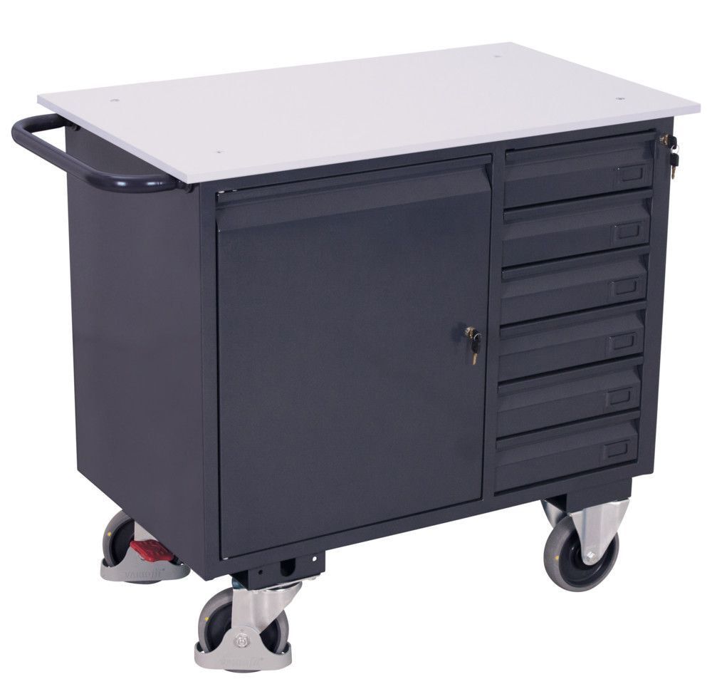 ESD Werkstattwagen, 6 Schubladen, leitfähig, abschließbar, Flügeltürenschrank, 30 kg Böden, 25 kg Schubladen, robust, 86 kg, Graphitgrau