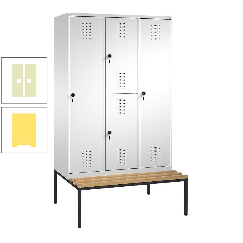 Garderobenschrank, Spind ein- und doppelstöckig Sitzbank, 3 Abteile, 4 Fächer, 2.090x1.200x500 mm (HxBxT), Front anthrazitgrau, Korpus anthrazitgrau