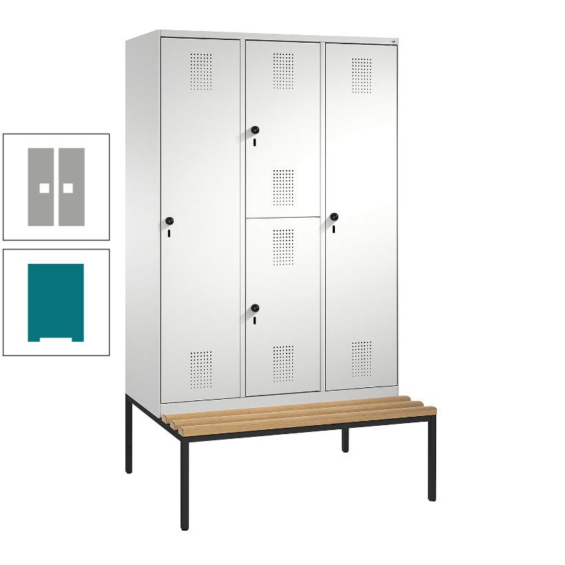 Garderobenschrank, Spind ein- und doppelstöckig Sitzbank, 3 Abteile, 4 Fächer, 2.090x1.200x500 mm (HxBxT), Front anthrazitgrau, Korpus anthrazitgrau