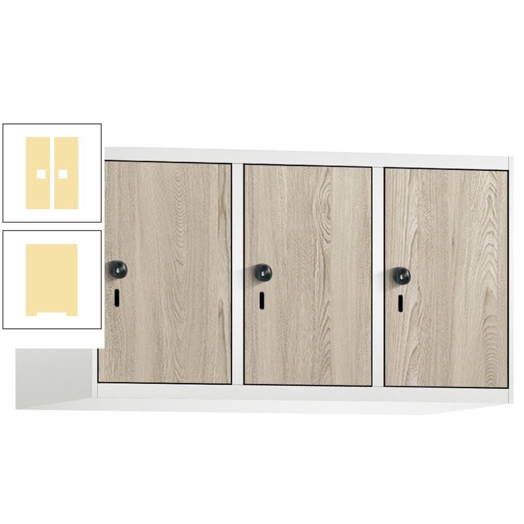 Aufsatzschrank, Schrankaufsatz, 3 Fächer a 300 mm, Farbe Pastellgelb, Tür anthrazitgrau, 500 x 900 x 500 mm (HxBxT)