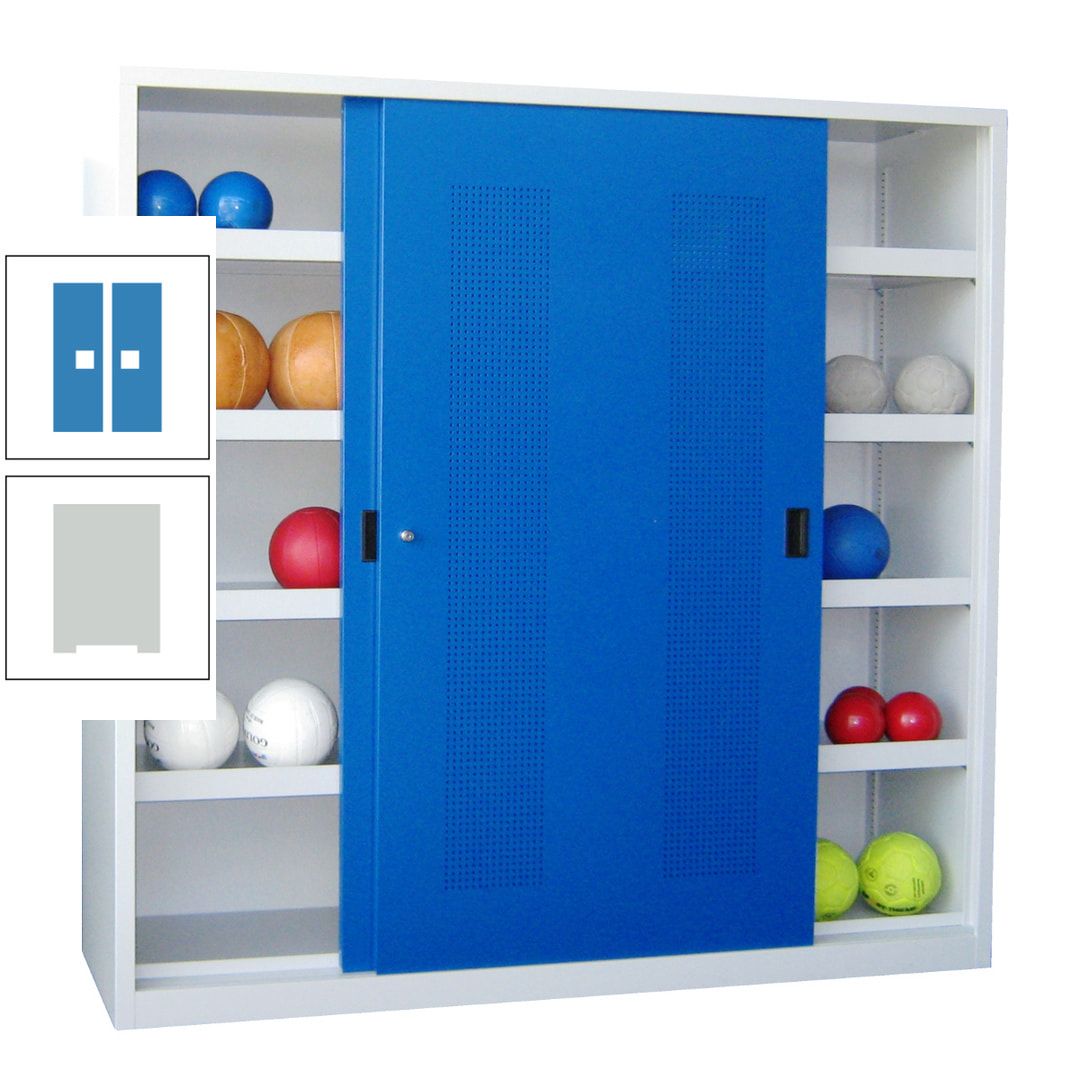 Ballschrank - Schiebetüren mit Lochfeld - Trennwand - 8 Böden - 1.950x2.000x600 mm (HxBxT) - anthrazitgrau