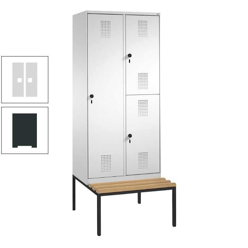 Garderobenschrank, Spind ein- und doppelstöckig Sitzbank, 2 Abteile, 3 Fächer, 2.090 x 800 x 500 mm (HxBxT), Front anthrazitgrau, Korpus anthrazitgrau