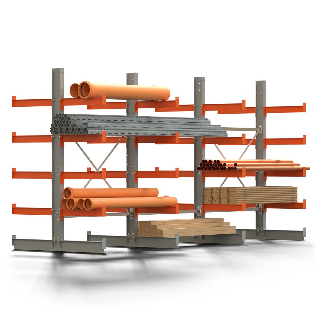 Doppelseitiges Kragarmregal, 2 Felder, 2.000 x 2.560 x 1.120 mm (HxBxT), Nutztiefe 500 mm, Kragarmlast 870 kg, KARL basic, silbergrau/reinorange