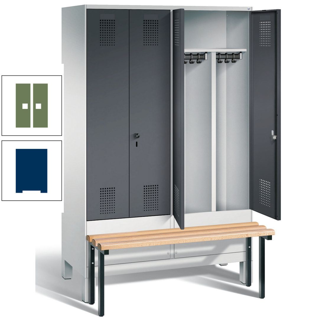Doppel-Spind, Garderobenschrank, Buche Sitzbank vorgebaut, 4 Abteile a 300 mm, Korpus feuerrot, Tür Wasserblau, 1.850 x 1.200 x 815 mm (HxBxT)