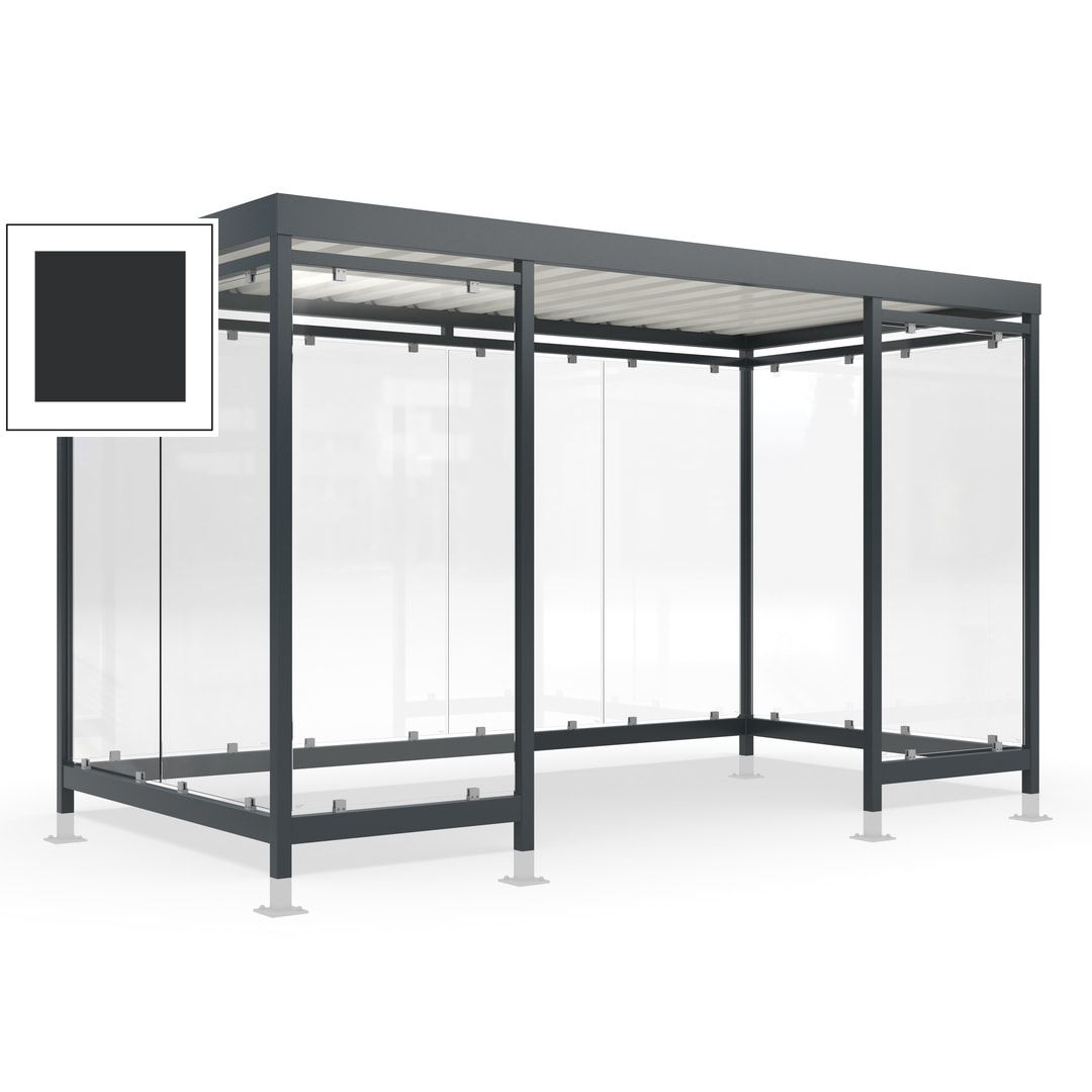 Raucherunterstand für 12-13 Personen, Bushaltestelle, mit Überpflasterung, 2.440 x 4.195 x 2.165 mm (HxBxT), 10 Wände, Achatgrau