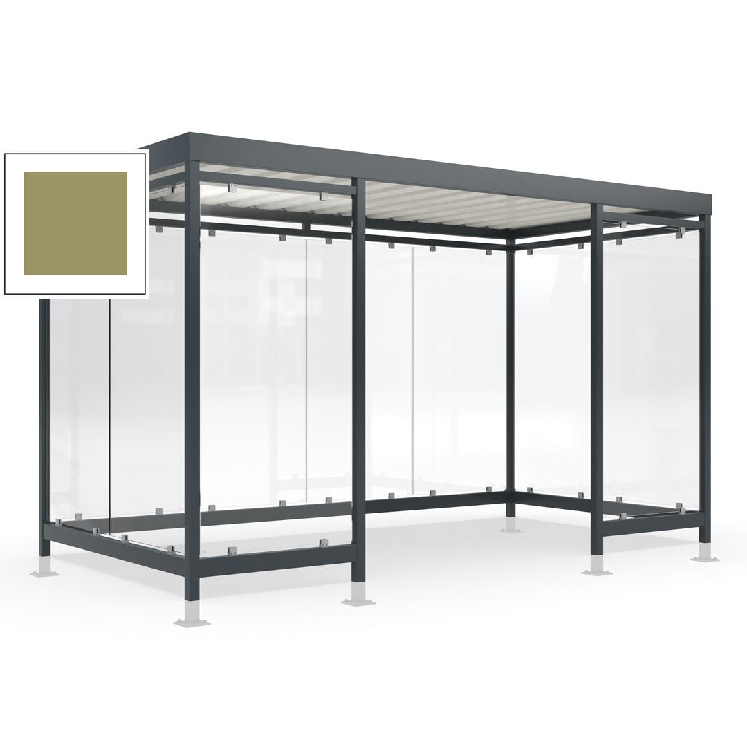 Raucherunterstand für 12-13 Personen, Bushaltestelle, mit Überpflasterung, 2.440 x 4.195 x 2.165 mm (HxBxT), 10 Wände, Achatgrau