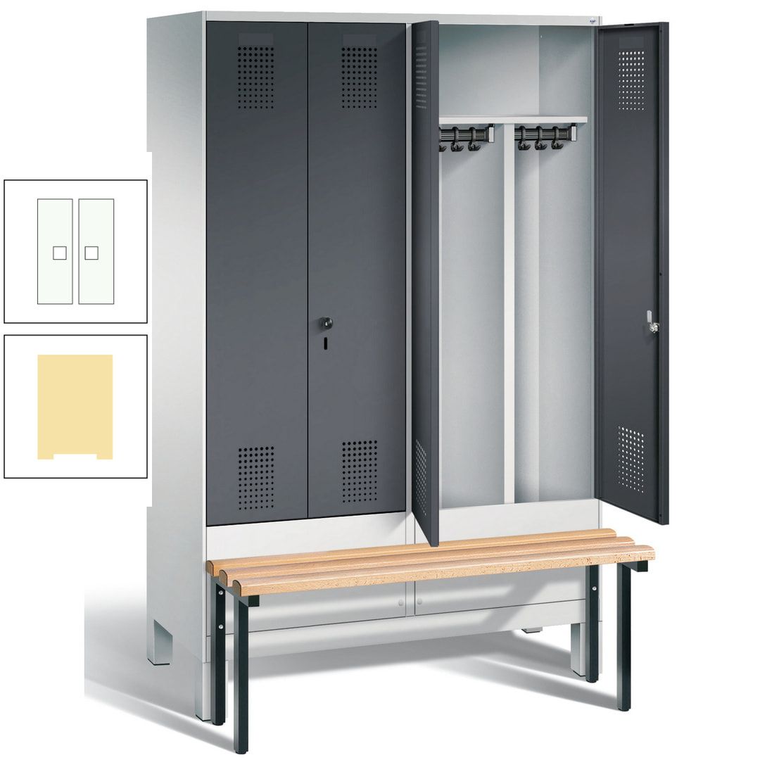 Doppel-Spind, Garderobenschrank, Buche Sitzbank vorgebaut, 4 Abteile a 300 mm, Korpus feuerrot, Tür Wasserblau, 1.850 x 1.200 x 815 mm (HxBxT)