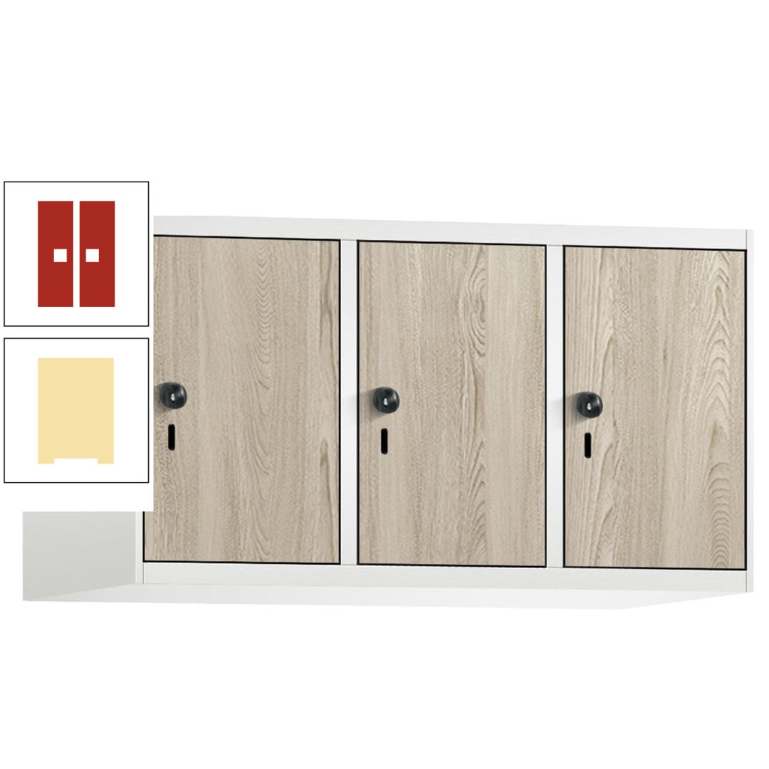 Aufsatzschrank, Schrankaufsatz, 3 Fächer a 300 mm, Farbe Pastellgelb, Tür anthrazitgrau, 500 x 900 x 500 mm (HxBxT)