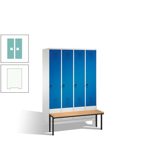 Stahl-Garderobenschrank, Spind, Buche Sitzbank vorgebaut, 4 Abteile a 300 mm, Korpus Lichtgrün, Tür Schwefelgelb, 1.850 x 1.200 x 815 mm (HxBxT)