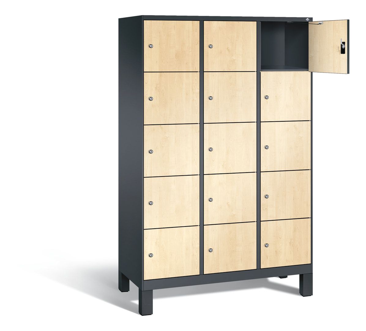 Garderobenschrank, Spindschrank auf Füßen, 3 Abteile, 15 Fächer, 1.850 x 1.200 x 500 mm (HxBxT), Dekorfront HPL Donau-Ahorn, Korpus anthrazitgrau