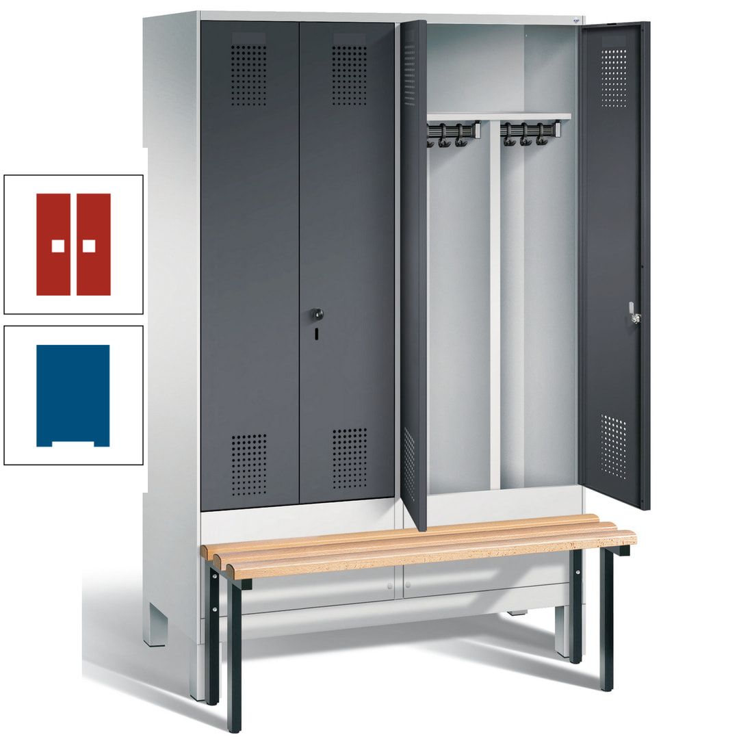 Doppel-Spind, Garderobenschrank, Buche Sitzbank vorgebaut, 4 Abteile a 300 mm, Korpus feuerrot, Tür Wasserblau, 1.850 x 1.200 x 815 mm (HxBxT)