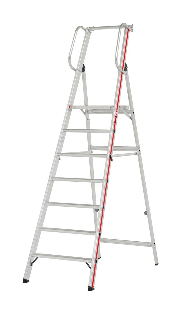 Plattformleiter mit Handlauf - Leiterlänge 1.950 mm - mit Einhängehaken und Ablageschale - Aluleiter - Hymer