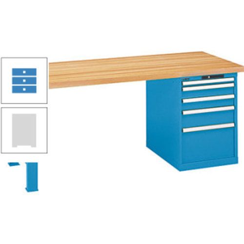 Werkbank, Buche Arbeitsplatte - Code Lock - Tragkraft 1.000 kg - 850 x 2.000 x 800 mm (HxBxT) - 4 Schubladen - Capriblau