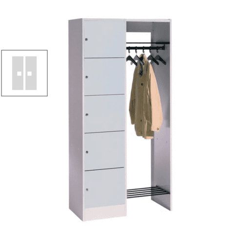 Garderobenanlage, Offene Garderobe mit Spindschrank, 5 Fächer, links, Korpusfarbe lichtgrau, Türfarbe enzianblau, 1.950 x 960 x 480 mm (HxBxT)