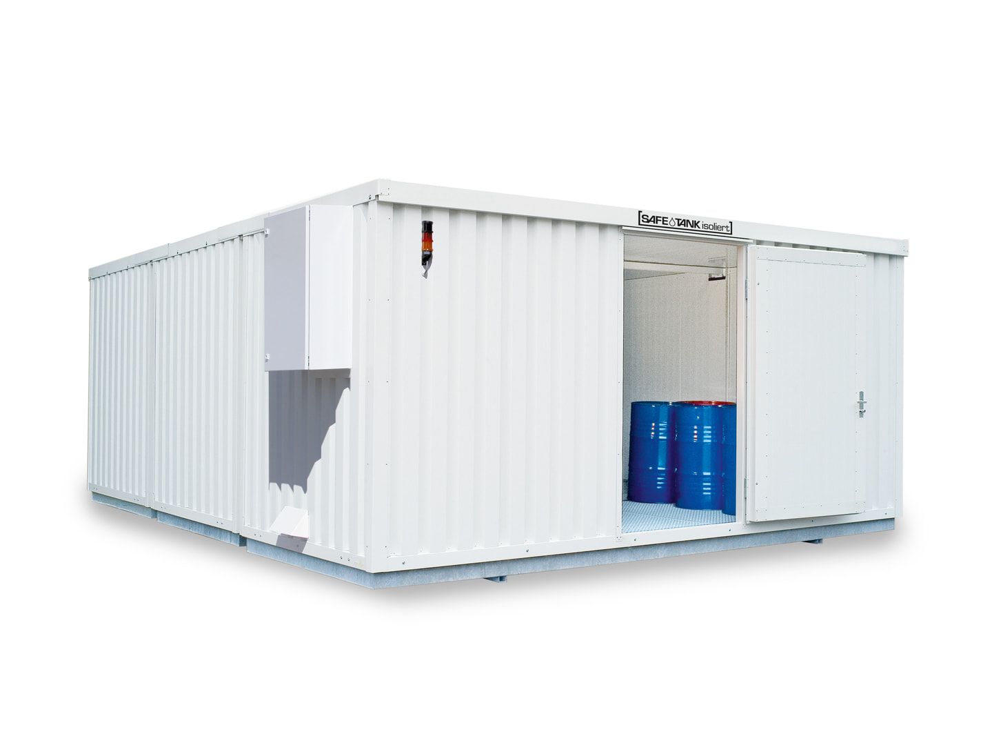 Isolierter Gefahrstoffcontainer - 2.520 x 5.080 x 6.520 mm (HxBxT) - Auffangvolumen 3 x 1.480 l - Lüftersteuerung - Doppelflügeltür kurze Seite