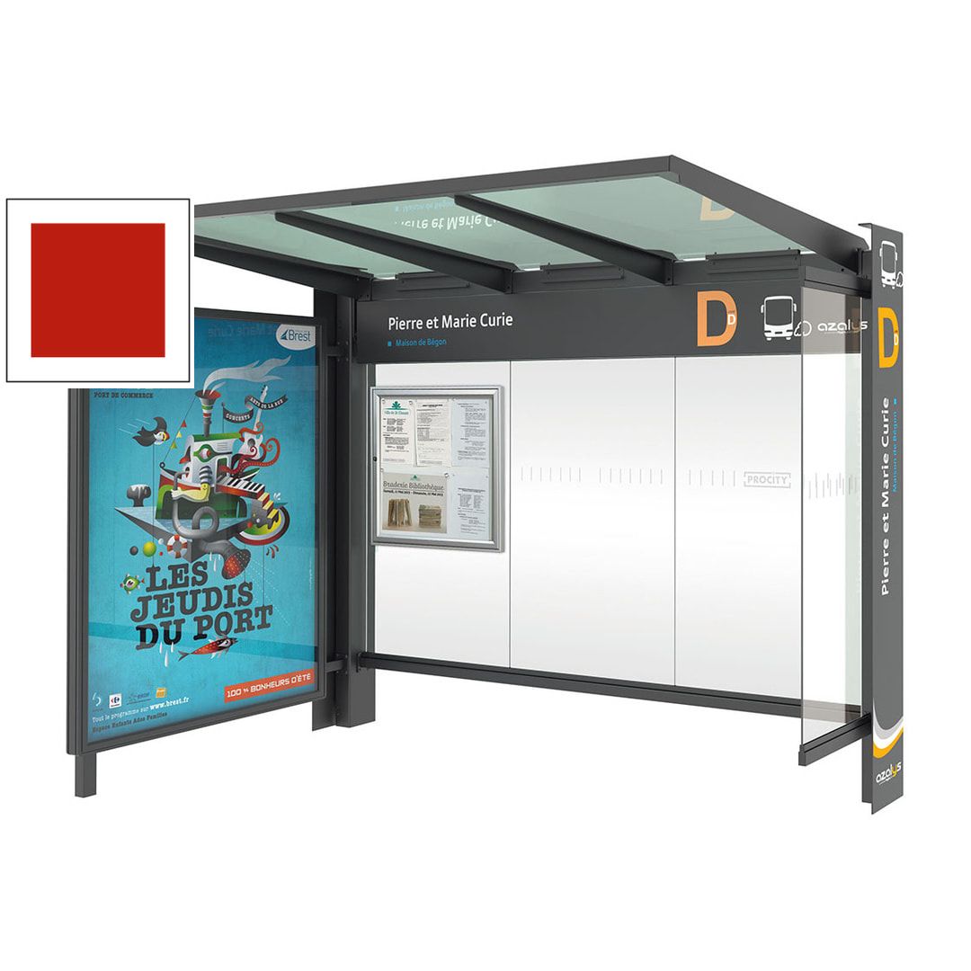 Buswartehalle, Haltestelle, Unterstand, Seitenverkeidung, Schaukasten, Infokasten, ESG, enzianblau (RAL 5010), 2.450 x 3.000 x 1.550 mm (HxBxT)