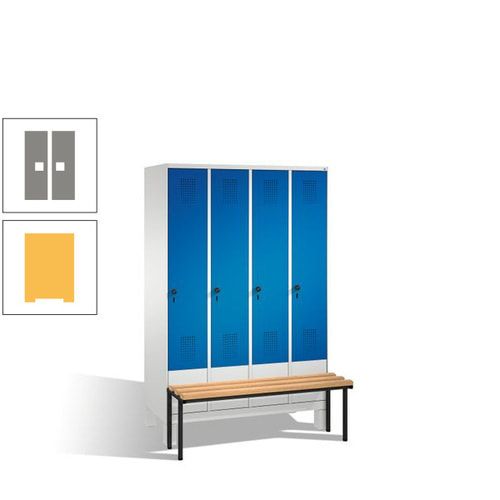 Stahl-Garderobenschrank, Spind, Buche Sitzbank vorgebaut, 4 Abteile a 300 mm, Korpus Lichtgrün, Tür Schwefelgelb, 1.850 x 1.200 x 815 mm (HxBxT)