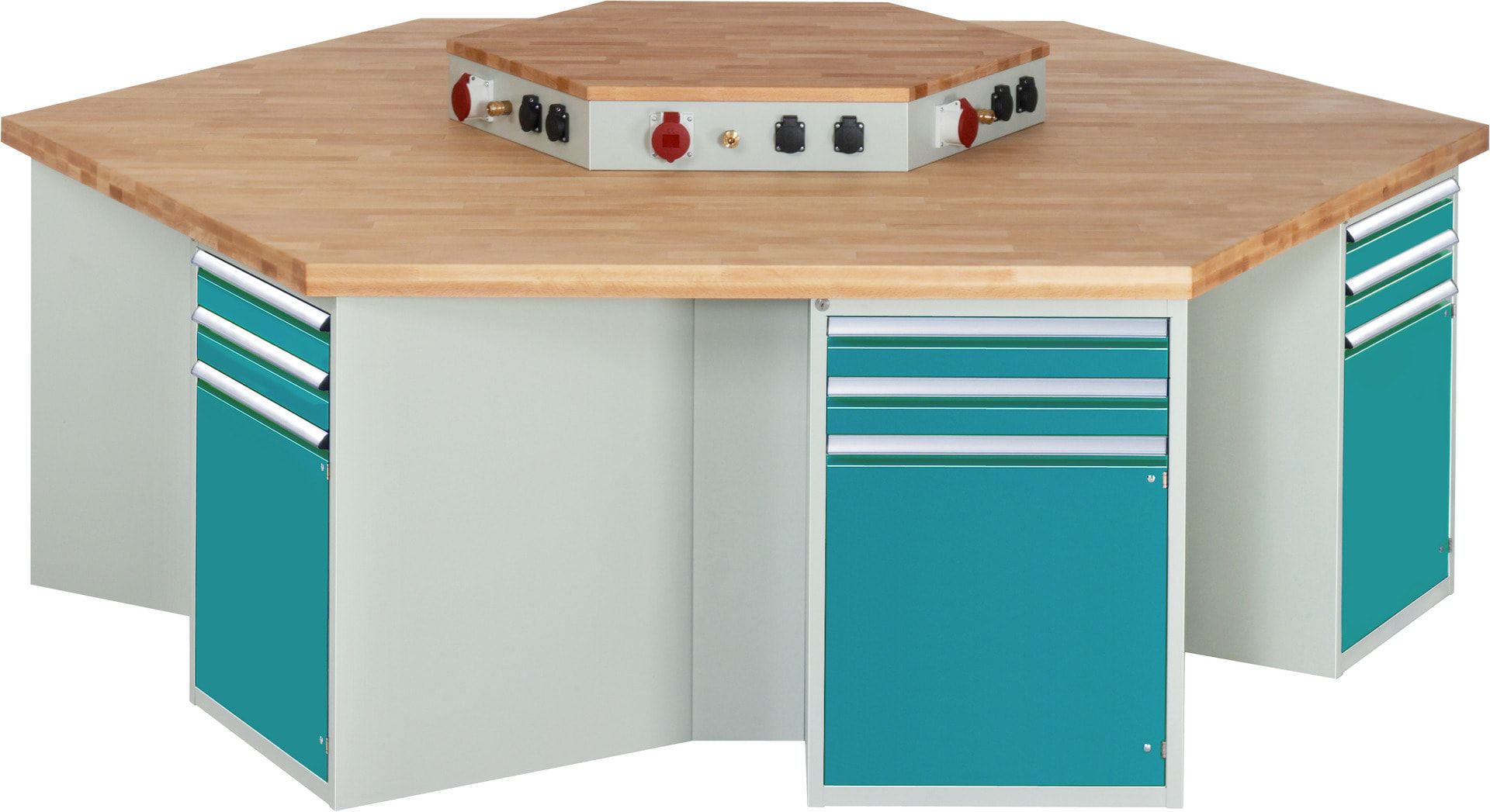 Gruppenwerkbank, Buche, Höhe 840 mm, mit Energieaufsatz, Unterbau-Container, 2 Schubladen, 1 Tür, 1 Boden - Anthrazitgrau