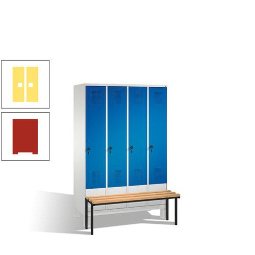 Stahl-Garderobenschrank, Spind, Buche Sitzbank vorgebaut, 4 Abteile a 300 mm, Korpus Lichtgrün, Tür Schwefelgelb, 1.850 x 1.200 x 815 mm (HxBxT)