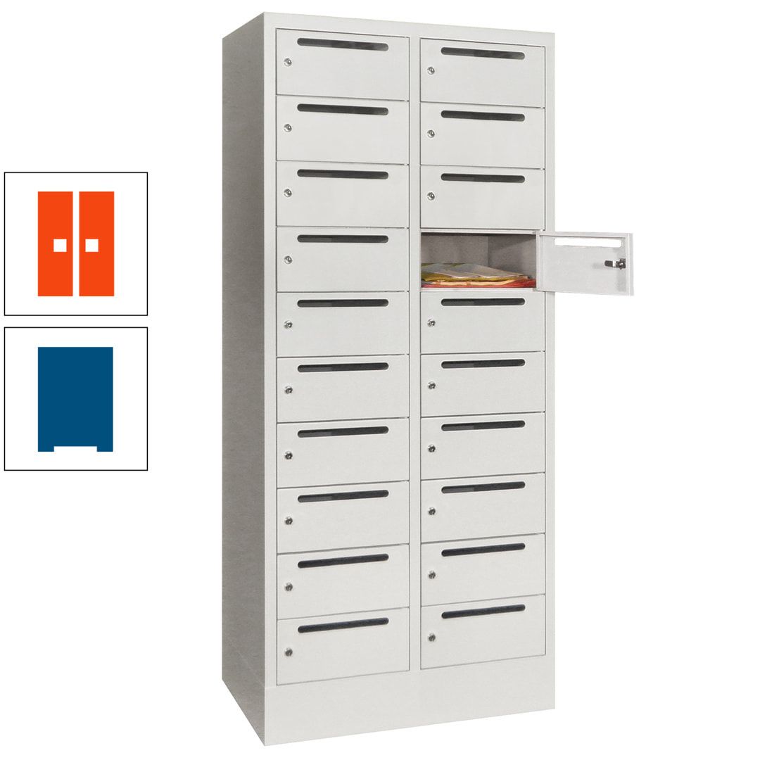 Postverteilerschrank, Schließfachschrank, 2 Abteile a 400 mm, 20 Fächer, 1.850 x 800 x 500 mm (HxBxT), Korpus anthrazitgrau, Front anthrazitgrau
