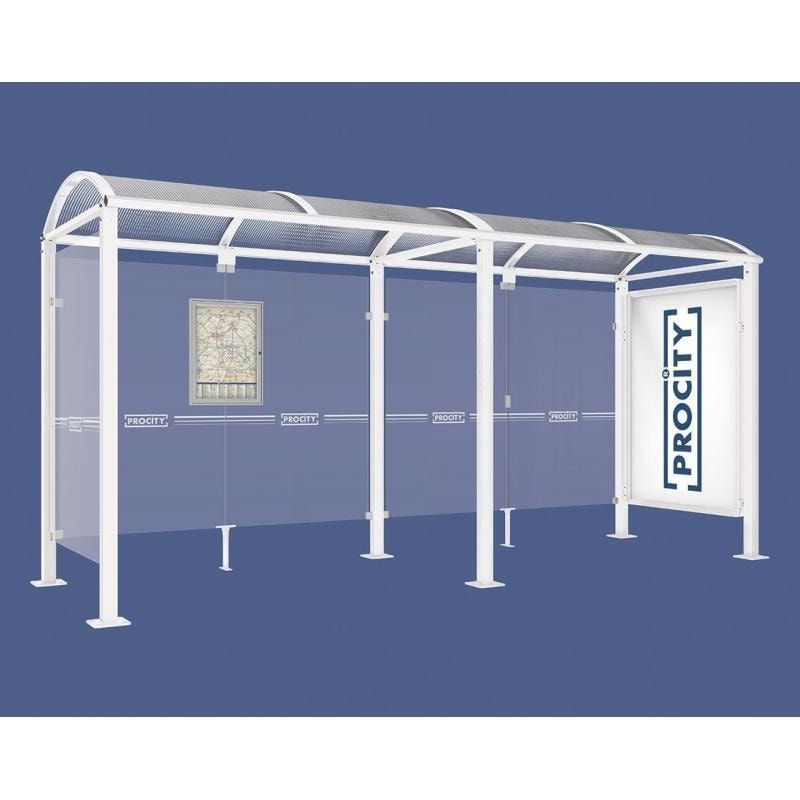 Buswartehalle, Unterstand, 1 Seitenwand, Schaukasten, feuerverzinkt, 2.500 x 2.500 x 1.600 mm (HxBxT), ESG, Fahrplanschaukasten, Farbe enzianblau